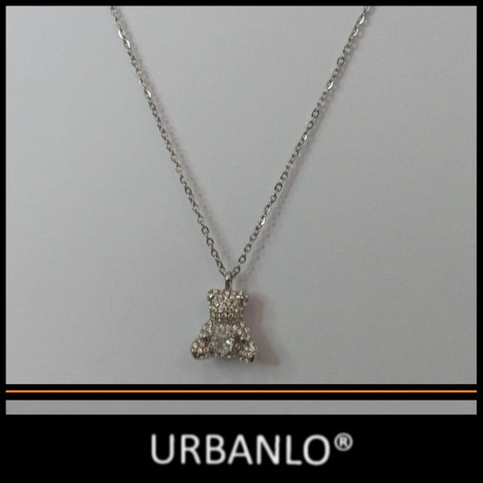 Collana in Acciaio con filo sottile e pendente ad orsetto con strass e cuore di strass