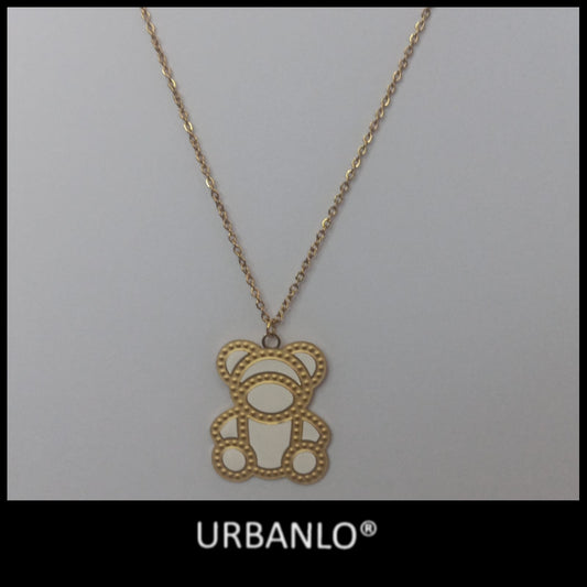Collana in Acciaio dorato con pendente ad orsetto bianco e dorato
