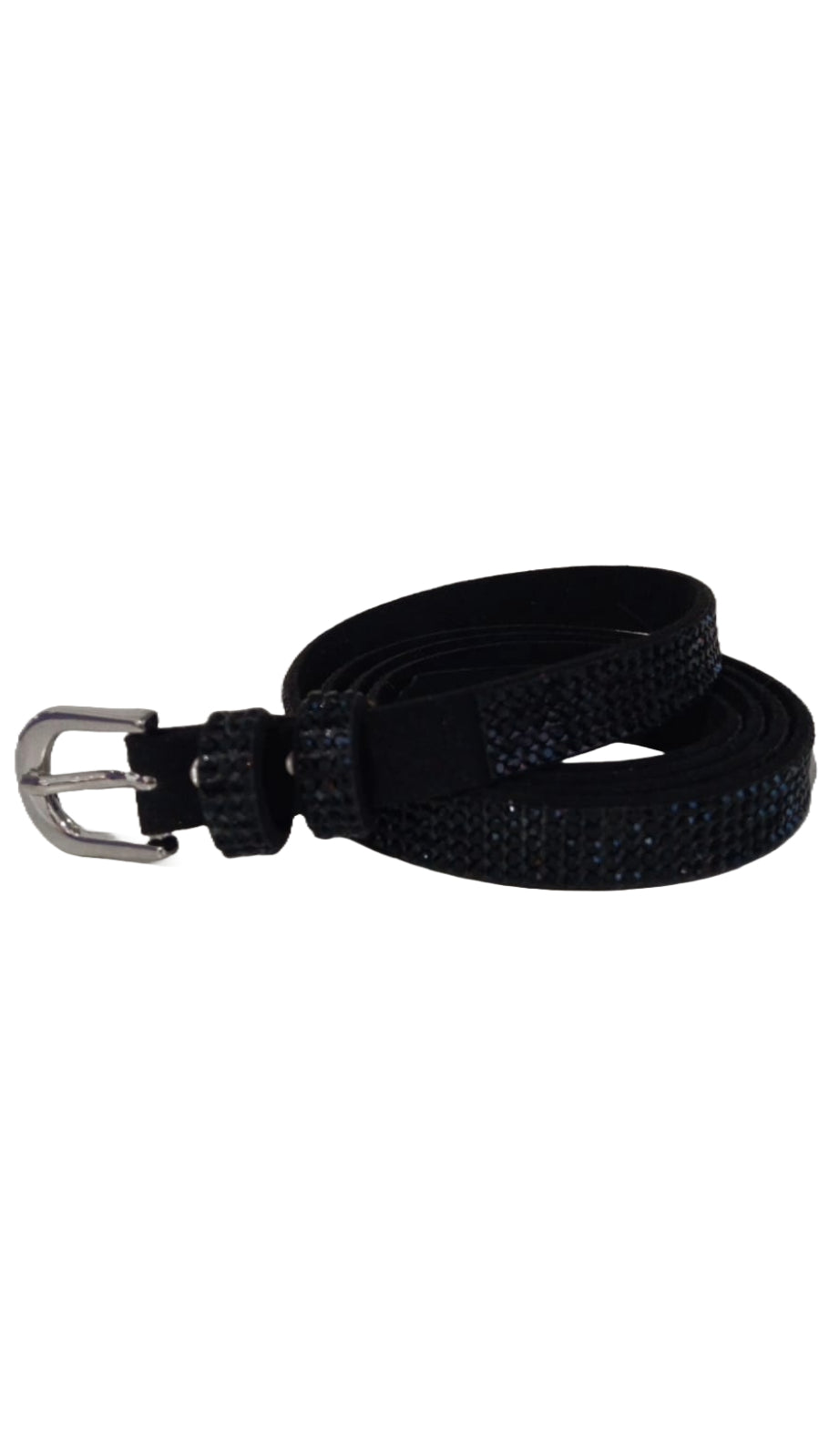 Cinta sottile strass fibbia argento nera